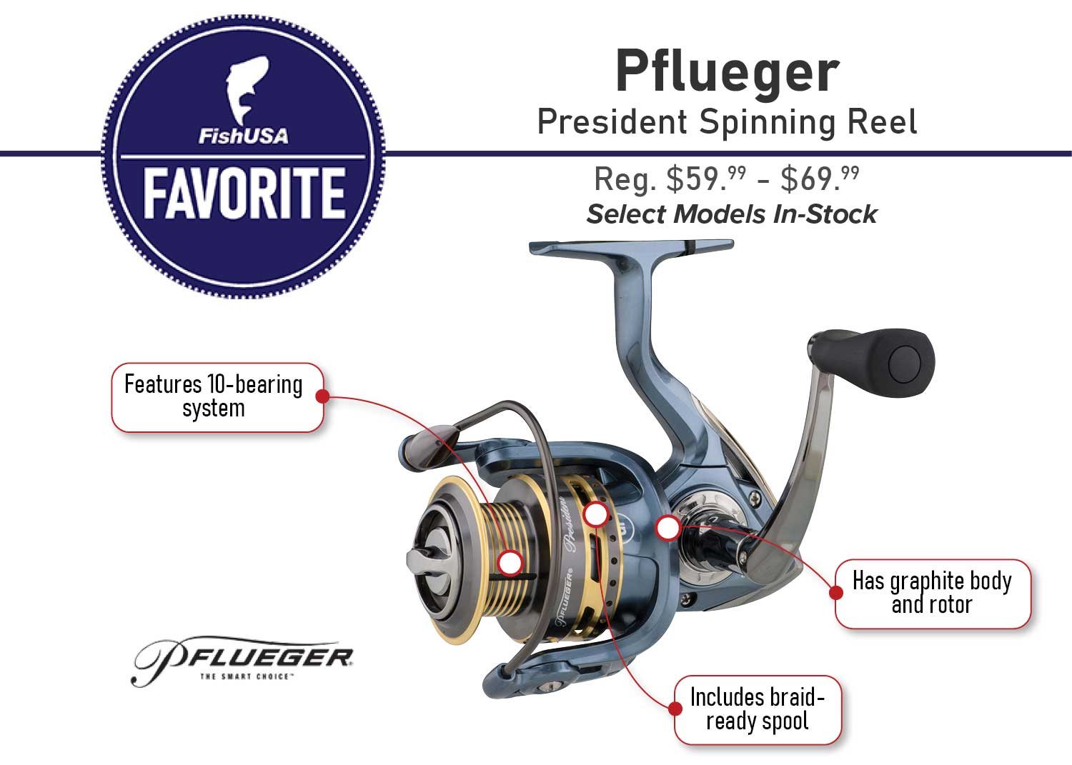 Favorite Pflueger President Spinning Reel Select Models In-Stock Reg. $59.99 - $69.99 - Features 10-bearing system - Has graphite body and rotor - Includes braid-ready spool