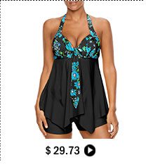 Open Back Printed Asymmetric Hem Tankini Set