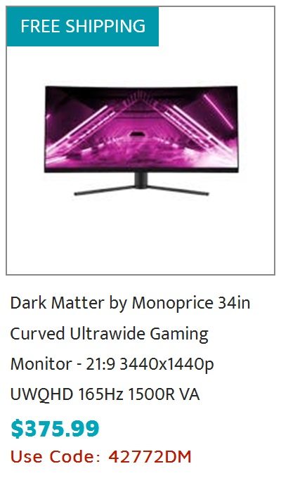Dark Matter by Monoprice 34in Curved Ultrawide Gaming Monitor - 21:9, 3440x1440p, UWQHD, 165Hz, 1500R, VA