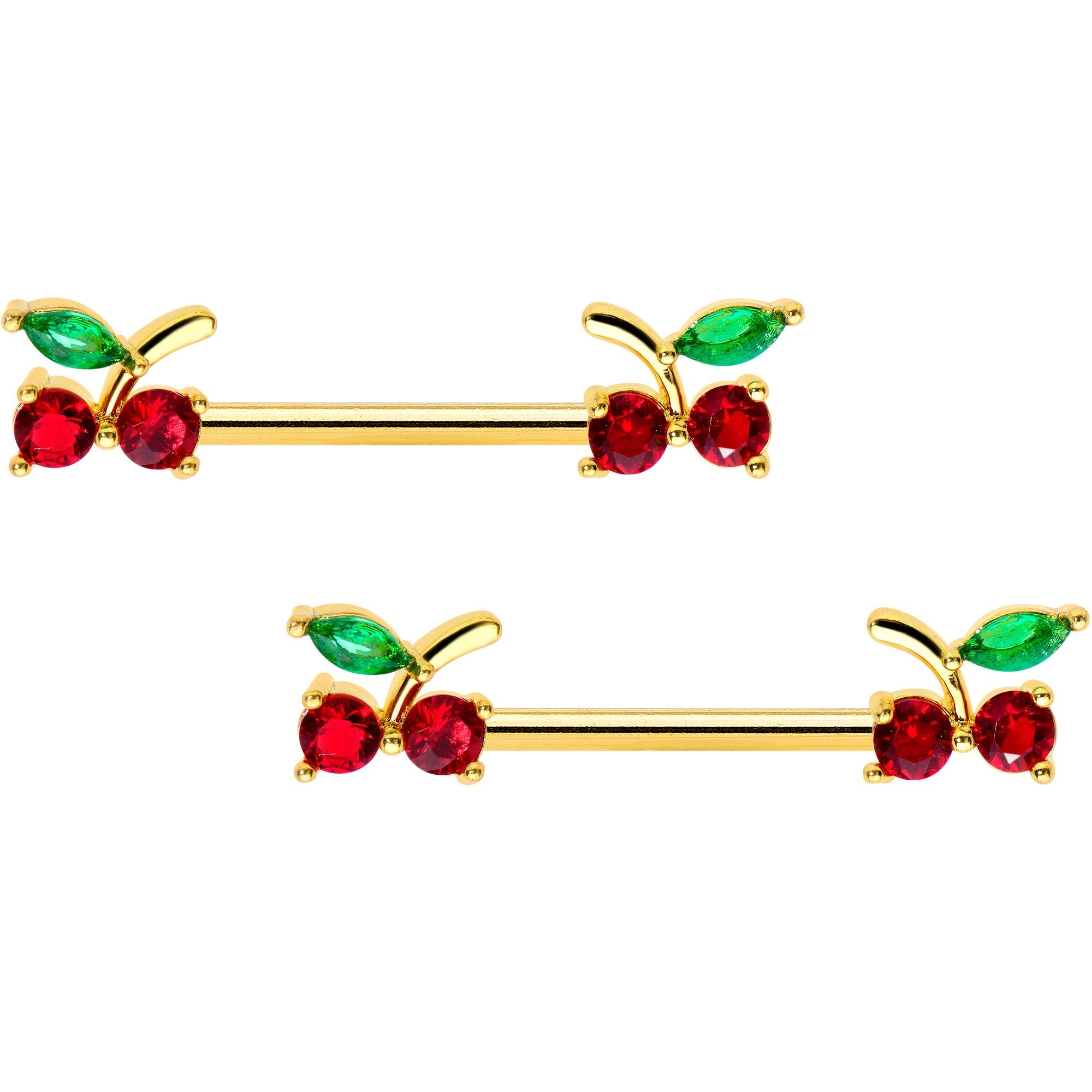 Image of 14 Gauge 9/16 Red Gem Gold Tone Tasty Cherry Barbell Nipple Ring Set