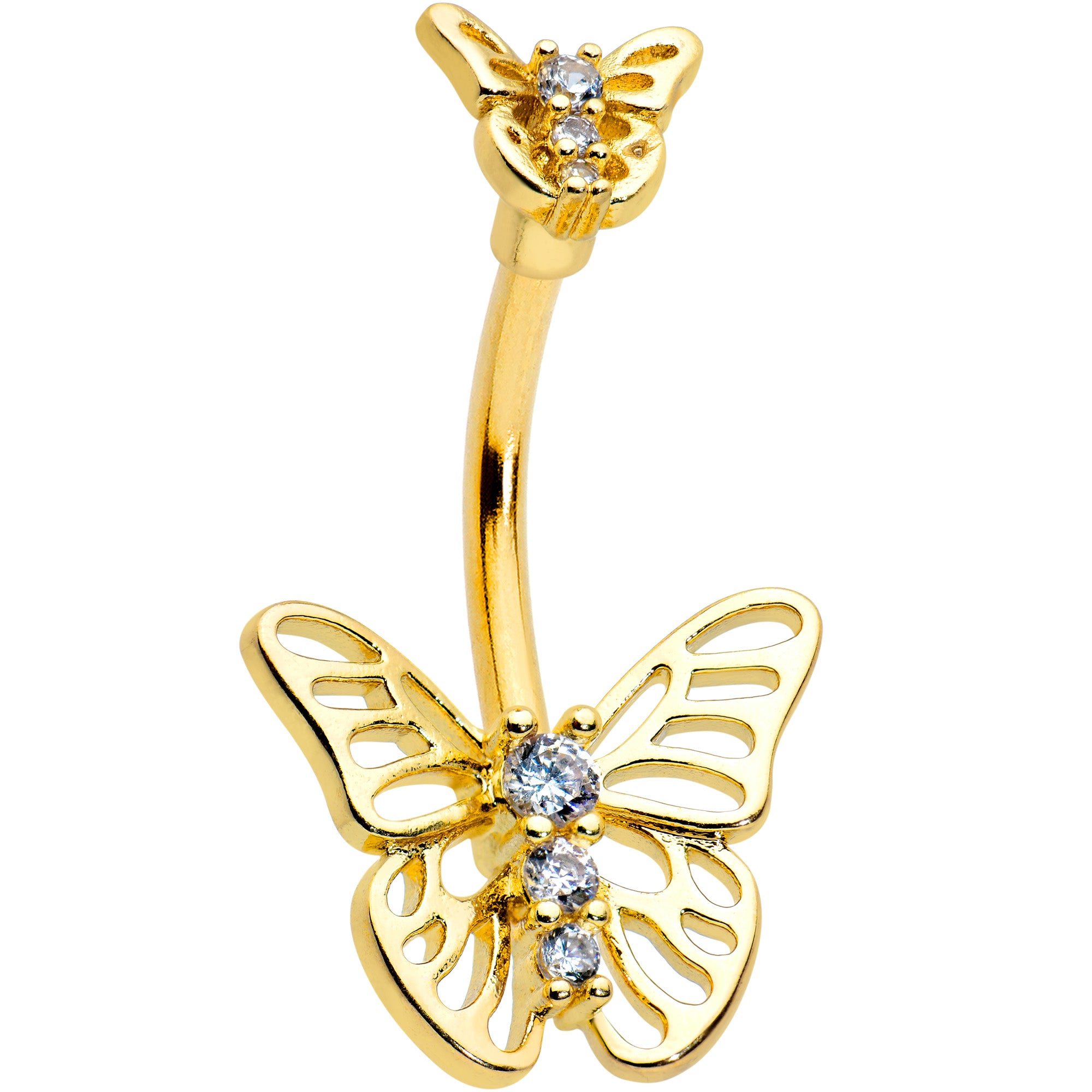 Image of Clear CZ Gem Gold Tone Open Butterfly Double Mount Belly Ring