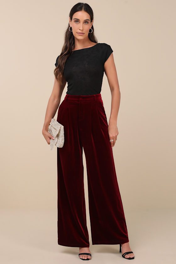 Image of Chic Splendor Wine Red Velvet Pleated High-Rise Wide-Leg Pants