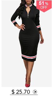 Striped Hem Zipper Front Black Sheath Dress