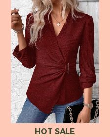 ROTITA Surplice Wine Red V Neck Long Sleeve Shirt