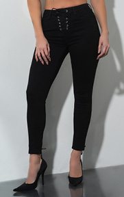 Let’s Just Chill High Rise Lace Up Skinny Jeans are made from a stretch denim fabrication, featuring a high rise waist, sexy lace up front, 5 pocket design, skinny leg, and cropped hem with more lace up detailing at the ankle.