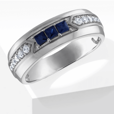 Men's Square-Cut Blue Sapphire & Diamond Wedding Band 1/5 ct tw 10K White Gold