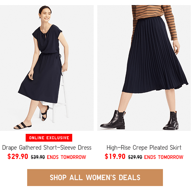 DRAPE GATHERED SHORT-SLEEVE DRESS $29.90, HIGH-RISE CREPE PLEATED SKIRT $19.90 - SHOP ALL WOMEN'S DEALS