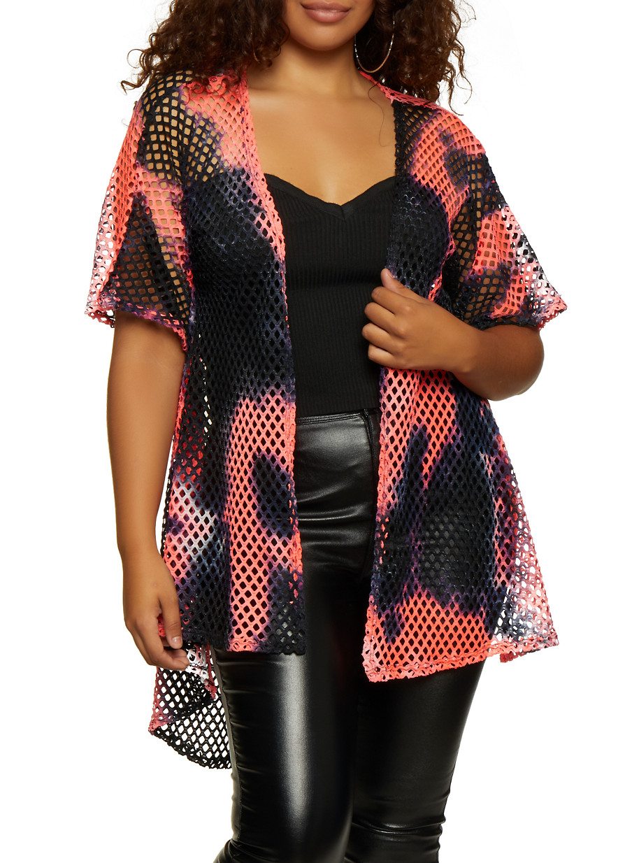 Plus Size Tie Dye Fishnet Kimono