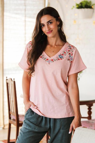 Image of Embroidered cotton t-shirt, 'Spring Glee in Petal Pink'