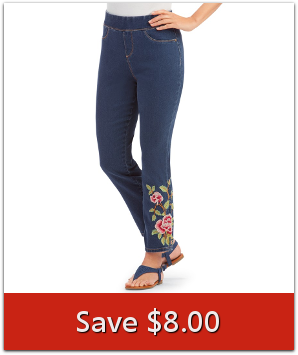 Floral Embroidered Pull On Denim Ankle Pant