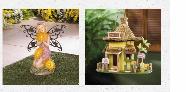 Tropical Tiki Hut Birdhouse, Garden Blooms Fairy Solar Statue | SHOP NOW