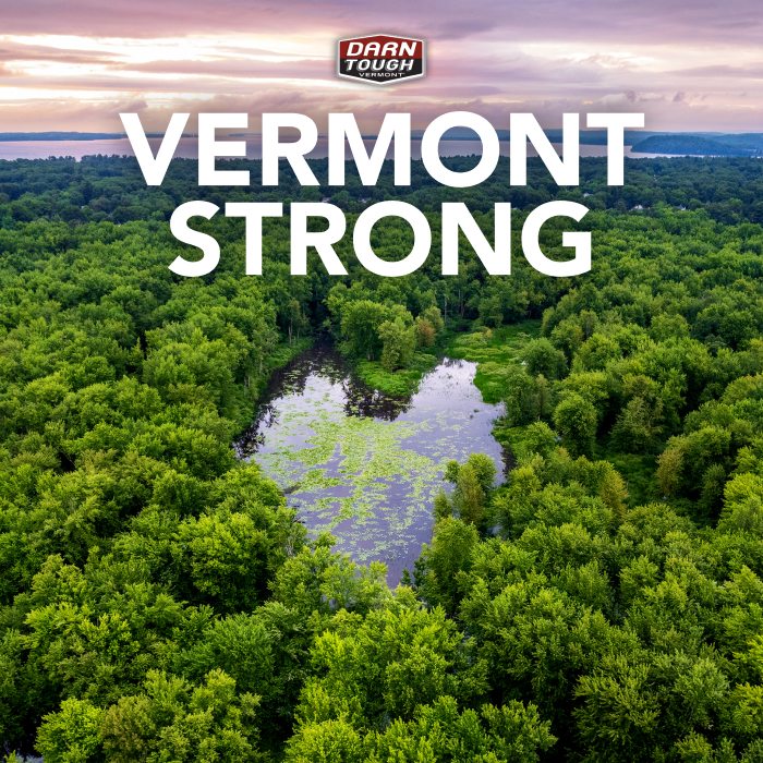 Shop today to support VT flood relief - the words Vermont Strong above a flooded heart shaped pond in the forest