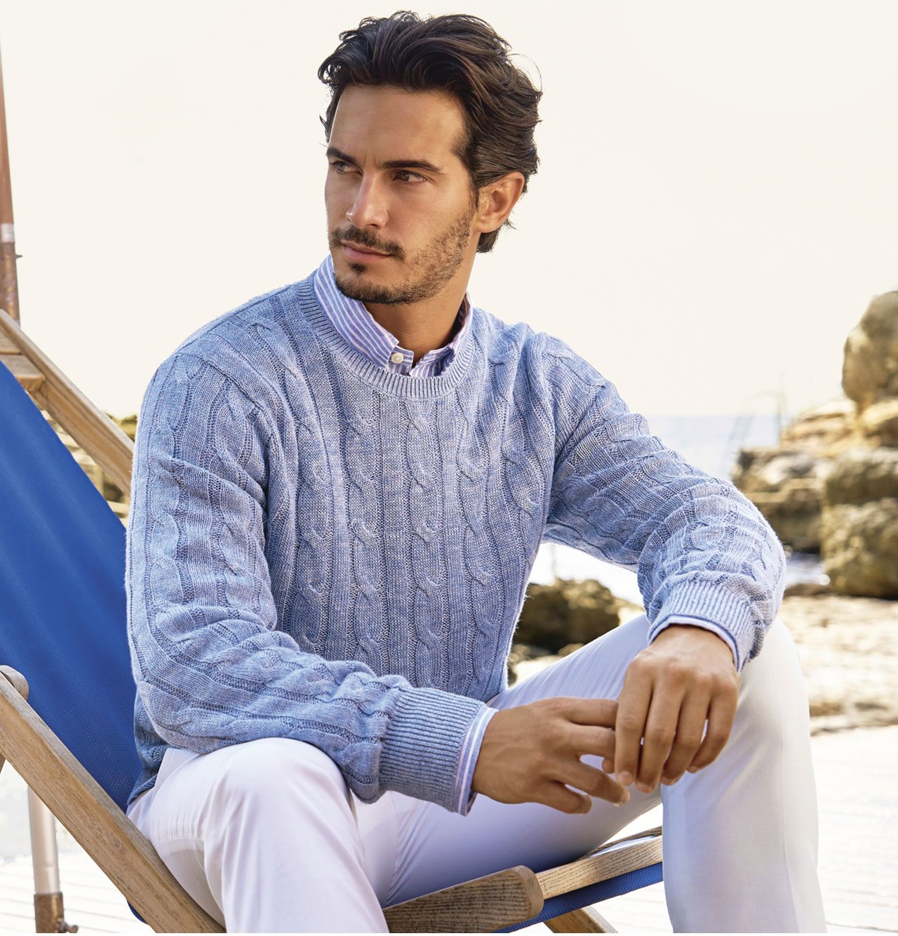 Seaside Style Our lightweight cotton sweaters are perfect for cool summer evenings. Pair them with our casual pants for a laid-back look.