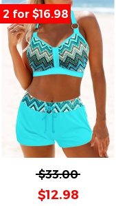 Metal Ring Geometric Print Cyan Bikini Top