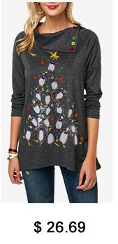 Button Embellished Penguin Print Long Sleeve Christmas T Shirt