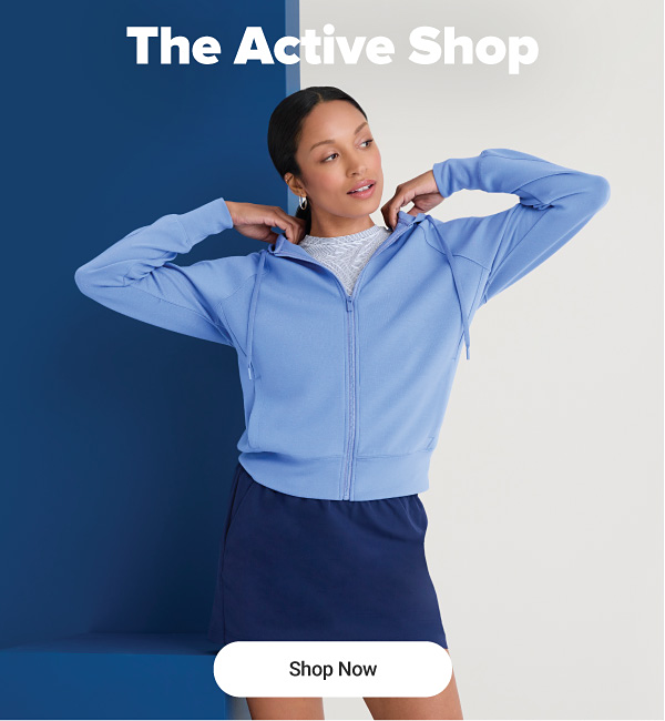 Image of woman in activewear. The active shop. Shop now.