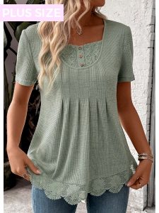 ROTITA Plus Size Lace Sage Green Square Neck T Shirt