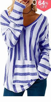 Pocket Long Sleeve Striped Hooded Collar T Shirt