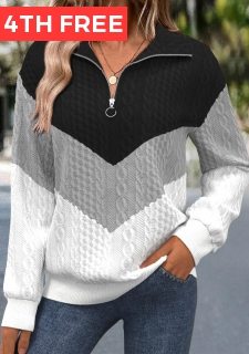 Black Jacquard Long Sleeve Turn Down Collar Sweatshirt