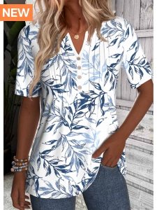 ROTITA Button Leaf Print White Split Neck Short Sleeve Blouse