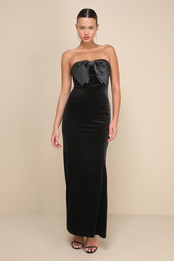 Image of Dramatic Stunner Black Velvet Bow Strapless Maxi Dress