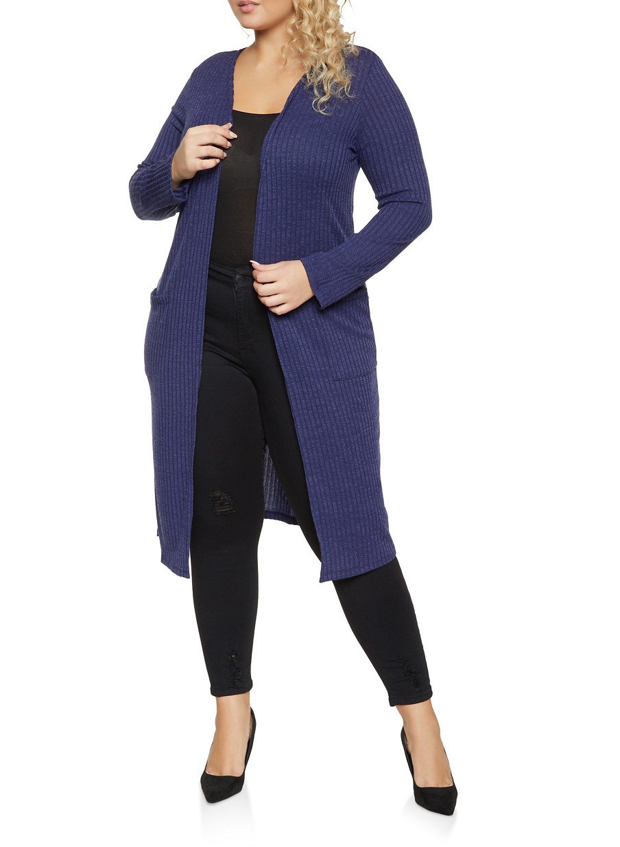 Plus Size Ribbed Knit Two Pocket Duster