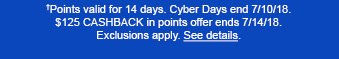 †Points valid for 14 days. Cyber Days end 7/10/18. $125 CASHBACK in points offer ends 7/14/18. Exclusions apply. See details.