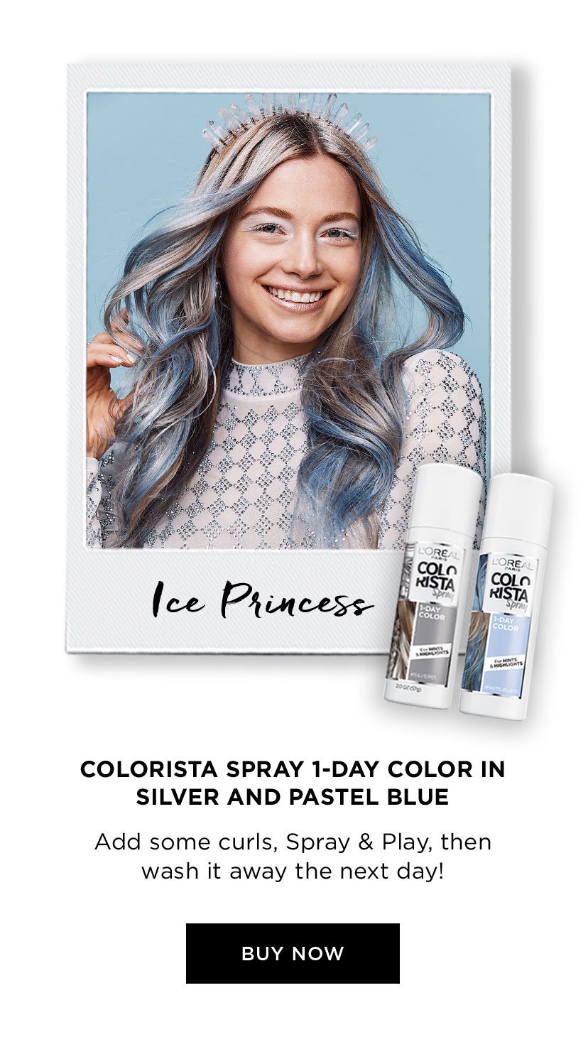 Ice Princess - COLORISTA SPRAY 1-DAY COLOR IN SILVER AND PASTEL BLUE - Add some curls, Spray & Play, then wash it away the next day! - BUY NOW