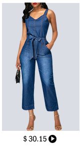 High Waist Open Back Pocket Blue Jumpsuit