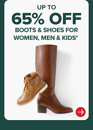 A brown hiking boot and knee-high boot. UP TO 70% OFF BOOTS & SHOES FOR EVERYONE