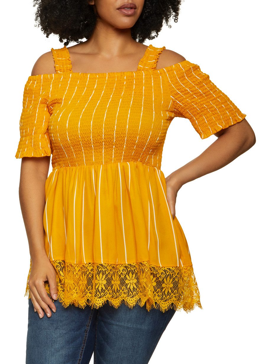 Plus Size Lace Trim Striped Top