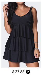 Plus Layered Solid Black V Neck Swimdress and Panty