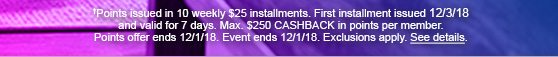 †Points issued in 10 weekly $25 installments. First installment issued 12/3/18 and valid for 7 days. Max. $250 CASHBACK in points per member. Points offer ends 12/1/18. Event ends 12/1/18. Exclusions apply. See details.