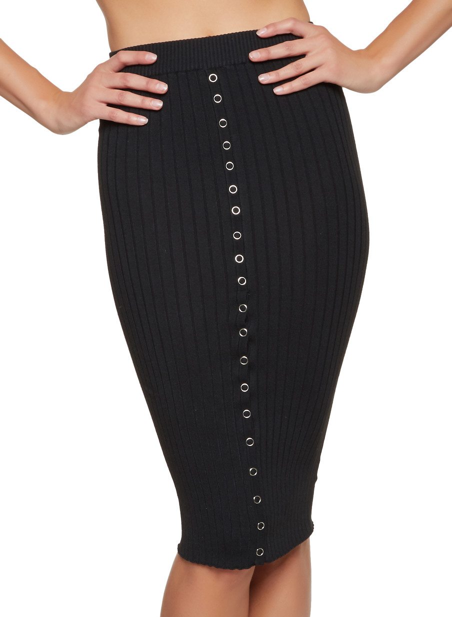 Snap Detail Rib Knit Pencil Skirt