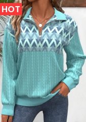 Mint Green Zipper Geometric Print Long Sleeve Sweatshirt