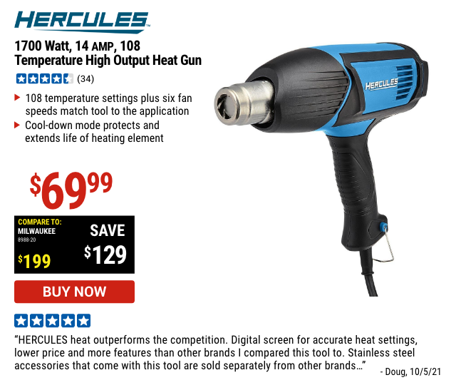 1700 Watt, 14 AMP, 108 Temperature High Output Heat Gun