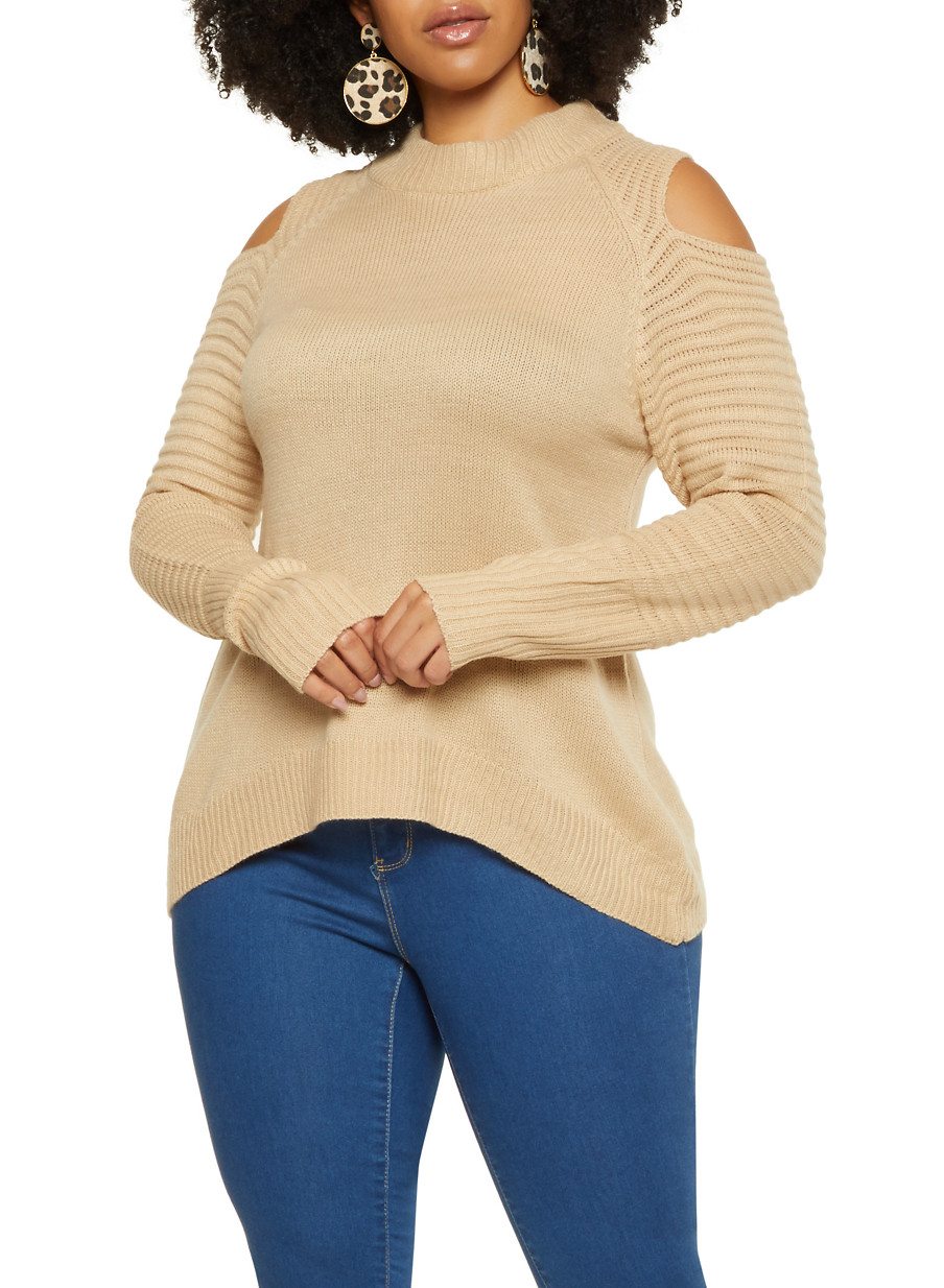 Plus Size Ribbed Detail Cold Shoulder Sweater