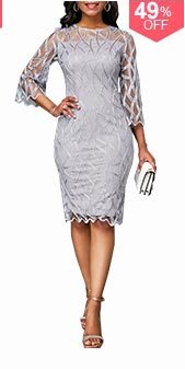 Three Quarter Sleeve Round Neck Light Grey Dress