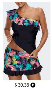 Printed Black Ruffle Trim Tankini Top and Pantskirt