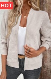 Beige Textured Fabric Long Sleeve Stand Collar Jacket