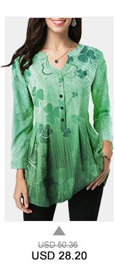 St Patricks Day Split Neck Printed Green Blouse