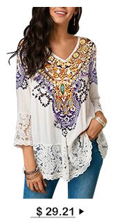 Lace Patchwork Three Quarter Sleeve Blouse