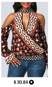 Cold Shoulder Choker Neck Mock Wrap Blouse