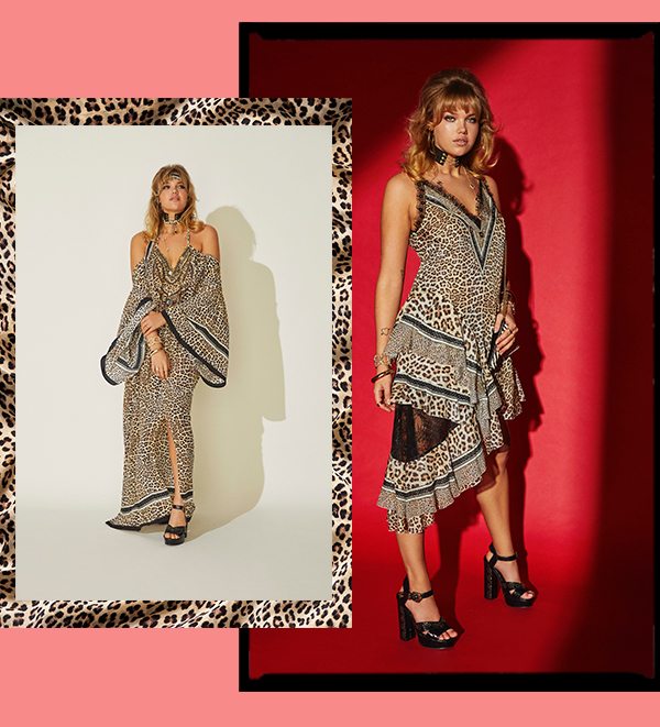Model in leopard print maxi and midi dresses