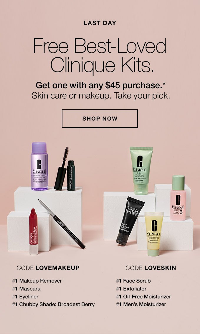 Best-Loved Clinique.Now in free kits.Try our best-sellingskin care and makeup.You’ll fall in love.