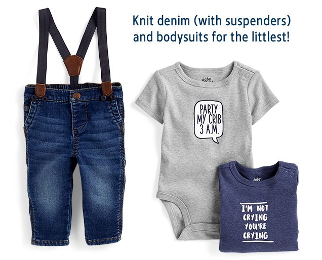 Knit denim (with suspenders) and bodysuits for the littlest!