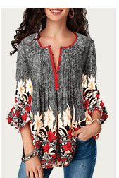 Button Up Pleated Printed Three Quarter Sleeve Blouse