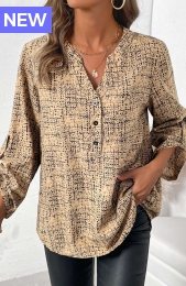 Light Camel Button Graffiti Print Long Sleeve Shirt