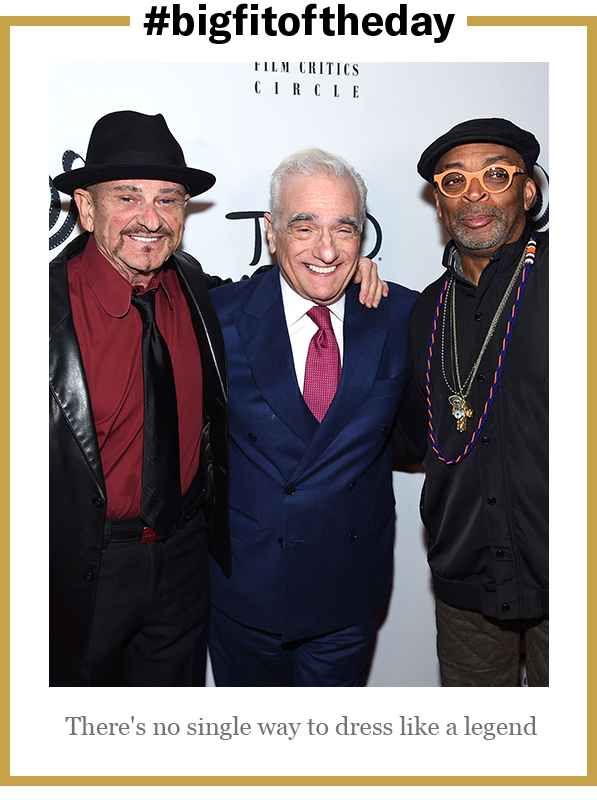 Image may contain: Martin Scorsese, Spike Lee, Tie, Accessories, Accessory, Hat, Clothing, Apparel, Human, Person, and Coat