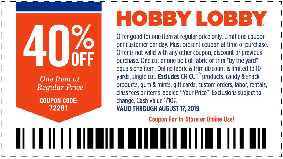 40% Off One Item At Regular Price. Valid through August 17, 2019. *See Full Coupon For Details